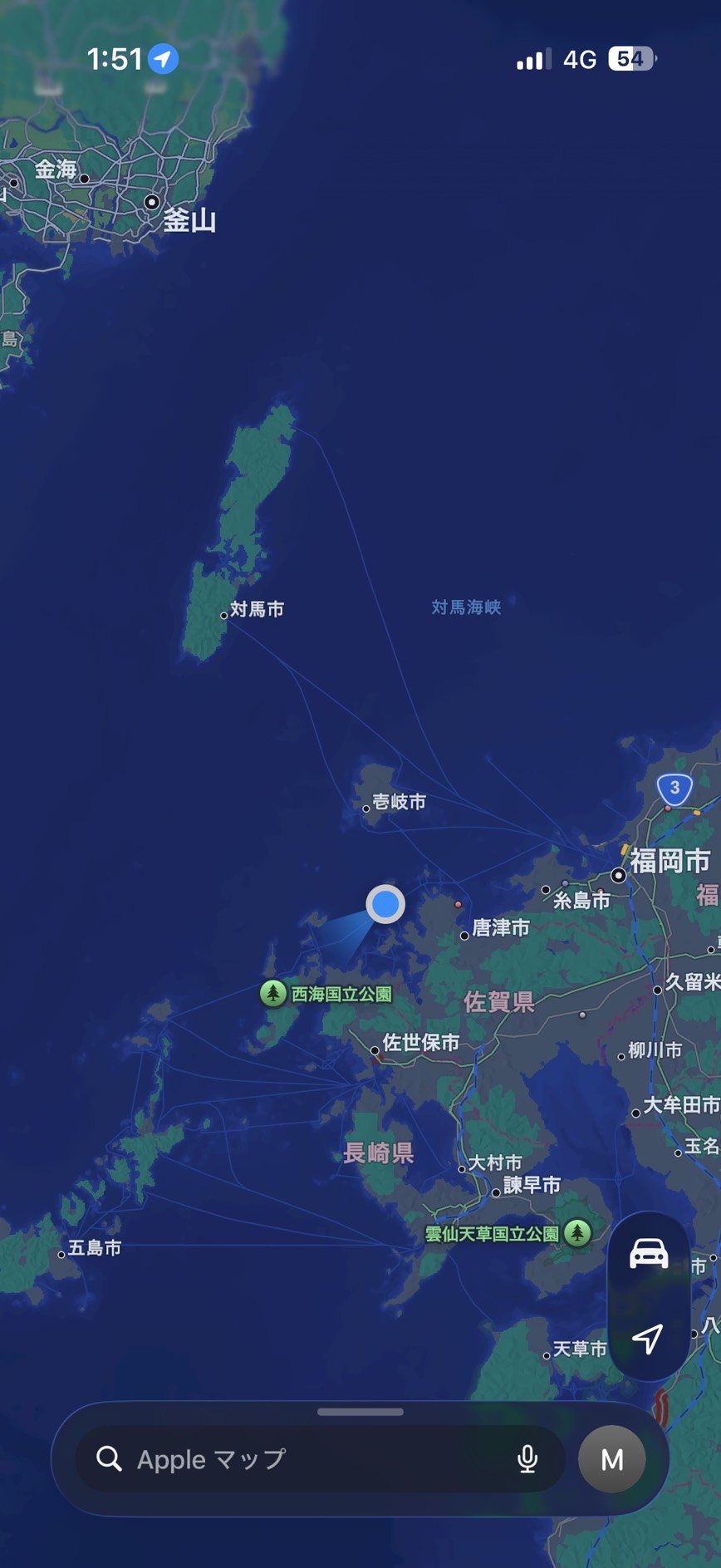 海の上を移動していることを示すスマホの地図画面