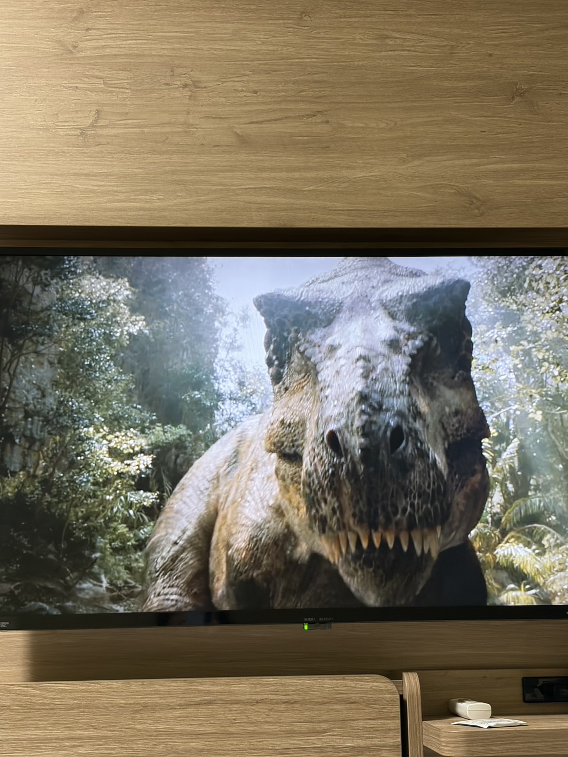 テレビ画面に映る迫力満点のティラノサウルスの姿