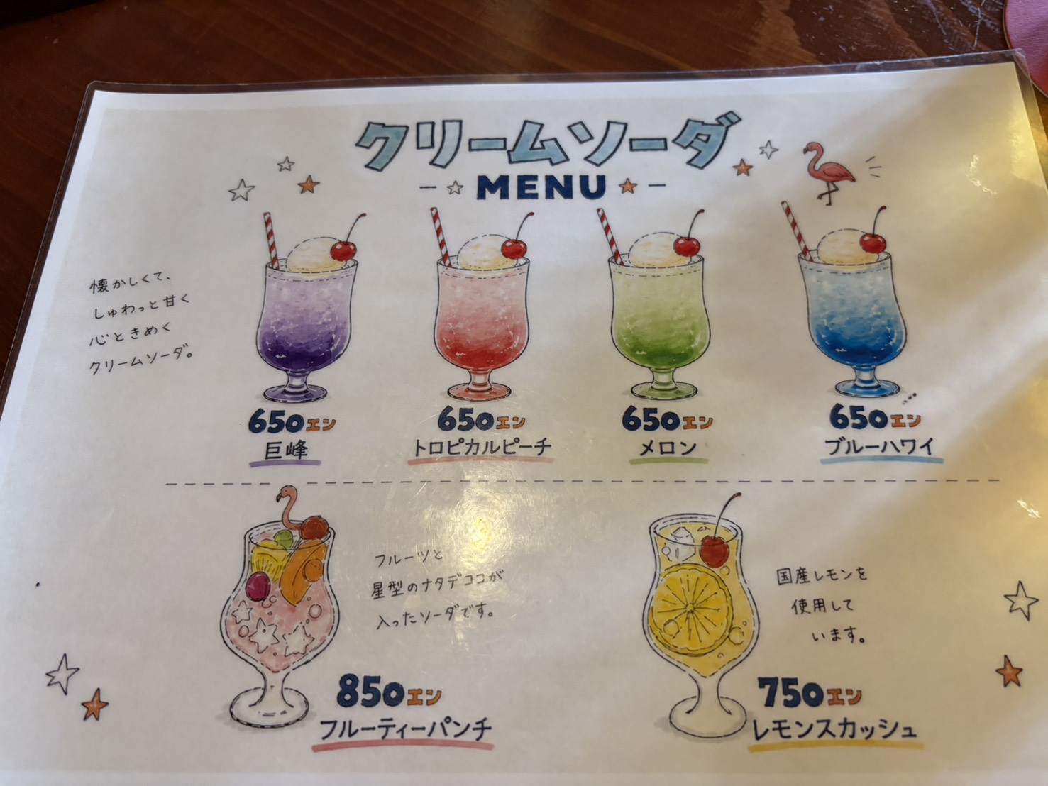 4種類のクリームソーダが描かれたカラフルなメニュー表