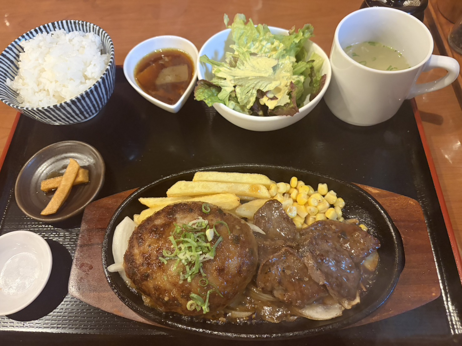 肉汁あふれるハンバーグとステーキの定食