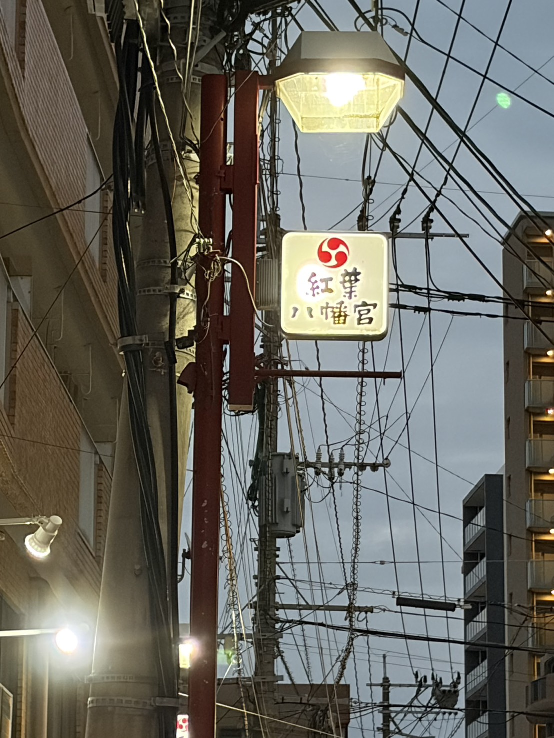 夕暮れの街灯に灯る紅葉八幡宮の案内板